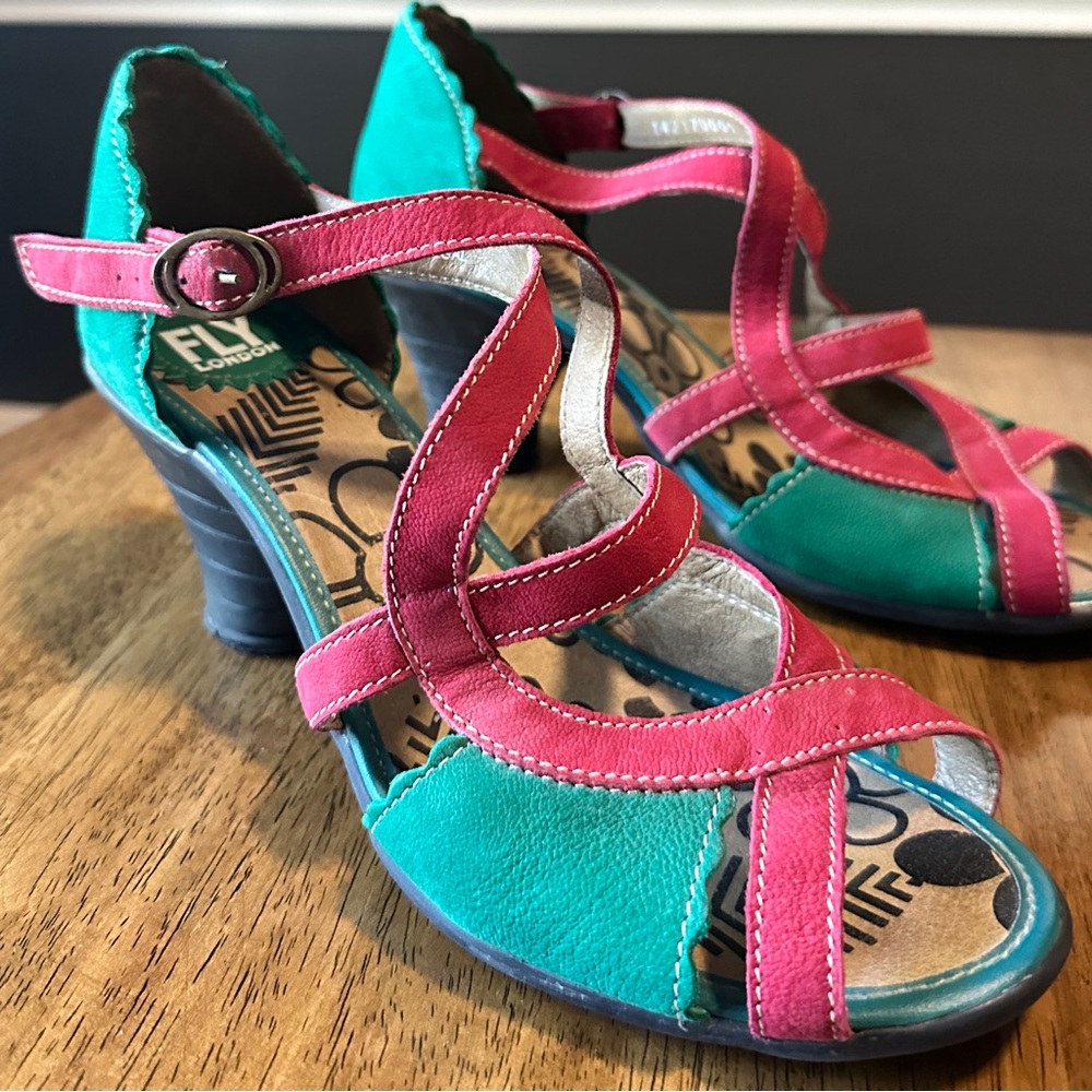 Fly London Pink and Green strappy Heels